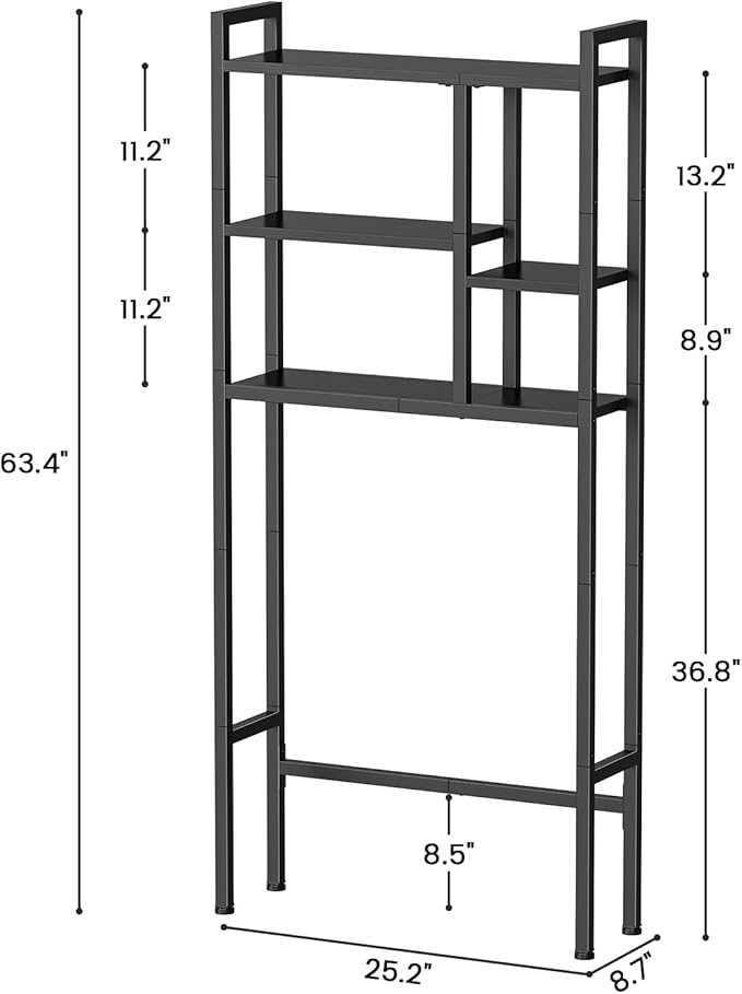 Asgolion Over The Toilet Storage Rack, 3-Tier Bathroom Organizer Over Toilet, Wooden Above Toilet Storage Shelf, Space Saver, Freestanding Bathroom Storage Metal Shelf, Easy to Assemble, Black
