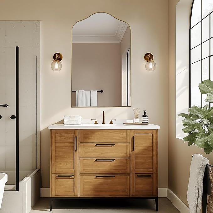 ANDY STAR Brass Scalloped Arched Wall Mirror, 22x35 Brushed Gold Irregular Bathroom Mirror with Curved Design for Vanity, Powder Room, Fireplace, Mantel, Stainless Steel Frame