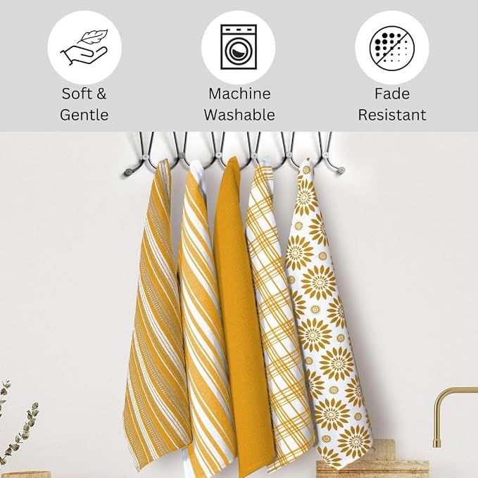Assorted Kitchen Towels 16x26 Inch 100% Cotton Set of 5 - Dish Cloths Towels with Hanging Loop - Soft Absorbent Washable Tea Towels for Kitchen - Quick Drying Dish Towels Mustard Yellow