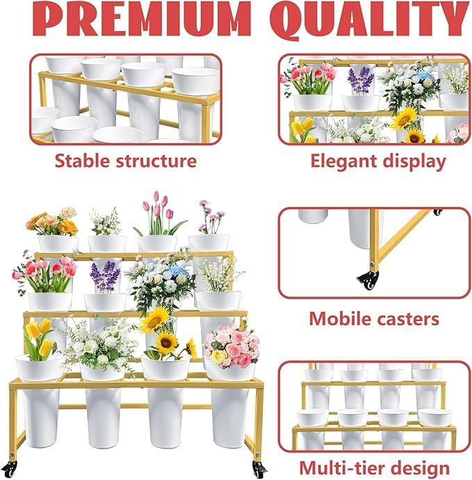 PROLEE Flower Display Stand with 12 Buckets, Flower Cart 3 Layers, Flower Stand Metal with Wheels, Moving Florist Bouquet Shelf, Rectangular Rack (Gold)