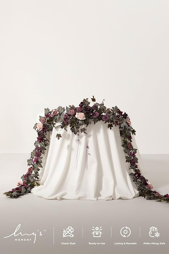 Ling's moment 9FT Flower Garland for Backdrop Decorations - Wedding Arch Flowers, Eucalyptus & Rose, Artificial Floral Garland for Mantle - Sweetheart Table Decor for Beach Reception, Purple