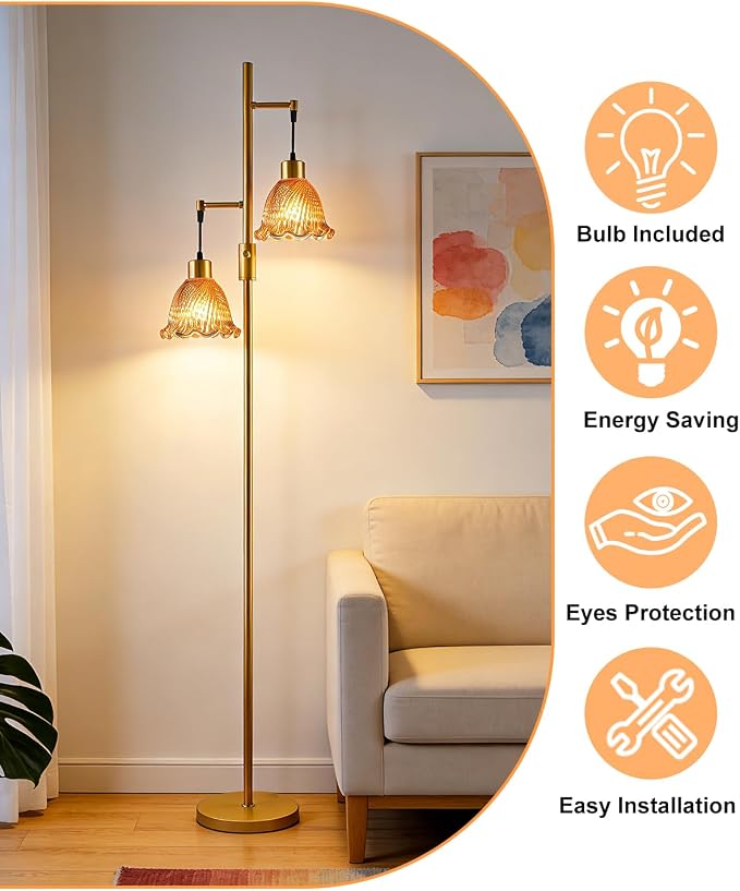 Lightdot 65IN Gold Flower Floor Lamp for Living Room, 2- Light Dimmable Floor Lamps with Deep Red Glass Lampshade,3000K Warm White Modern Standing Tall Lamp with 5Lbs Heavy Base for Bedroom Sofa
