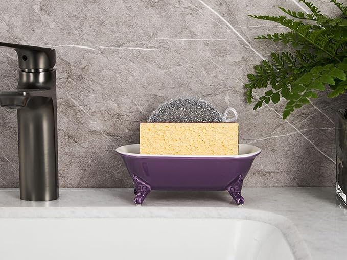 6.5" Ceramic Mini Decorative Clawfoot Bathtub Bar Soap Dish, Kitchen Sponge Holder and Shower Tray for Bathroom, 1 Pack(Plum)