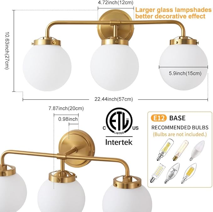 Gold Bathroom Vanity Light Fixtures Over Mirror, 22.4'' Modern Brass 3 Lights Wall Sconce with Milky Glass Ball Shade, Mid Century Farmhouse Vanity Lighting