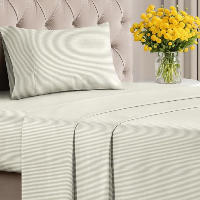 Biege Striped Sheets - Cream Bed Sheet Set - 1 Flat & 1 Fitted & 1 Pillowcase w/ Deep Pockets - Cozy, Wrinkle & Fade Resistant - Soft, Breathable, Cooling - Luxury Pinstripe Bedding - Twin Size