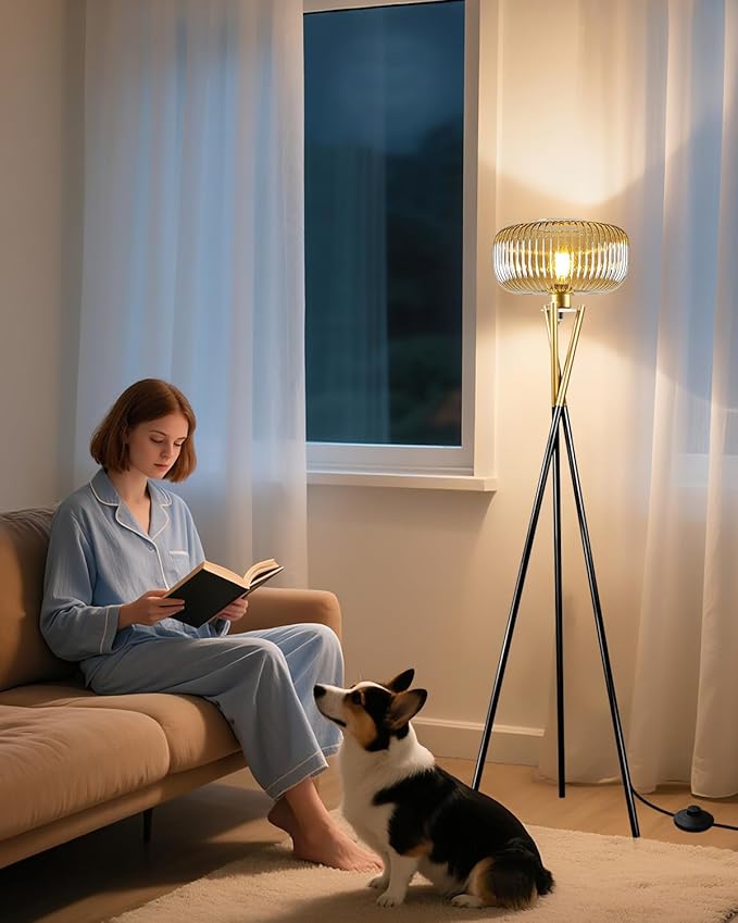 Lightdot Glass Tripod Floor Lamp for Living Room, Modern Gold&Black Standing Lamp with Ribbed Brown Glass Shade, Arc Tall Lamp for Bedroom/Reading Room/Sofa Beside/Corner Decor (Bulb Included)