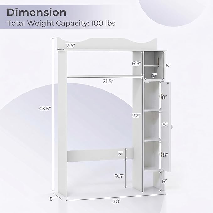 Tangkula Over The Toilet Storage Cabinet, Bathroom Above Toilet Cabinet with Toilet Paper Holder, Adjustable Shelves, Freestanding Space Saver, Bathroom Cabinet Organizer for Restroom, Laundry (White)