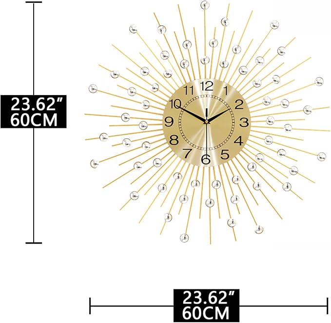 Large Wall Clocks for Living Room Decor Big Silent Wall Clock Battery Operated Non-Ticking for Bedroom Kitchen Home Decorative 24 Inch Gold Round Crystal Metal Wall Watch for Office Indoor