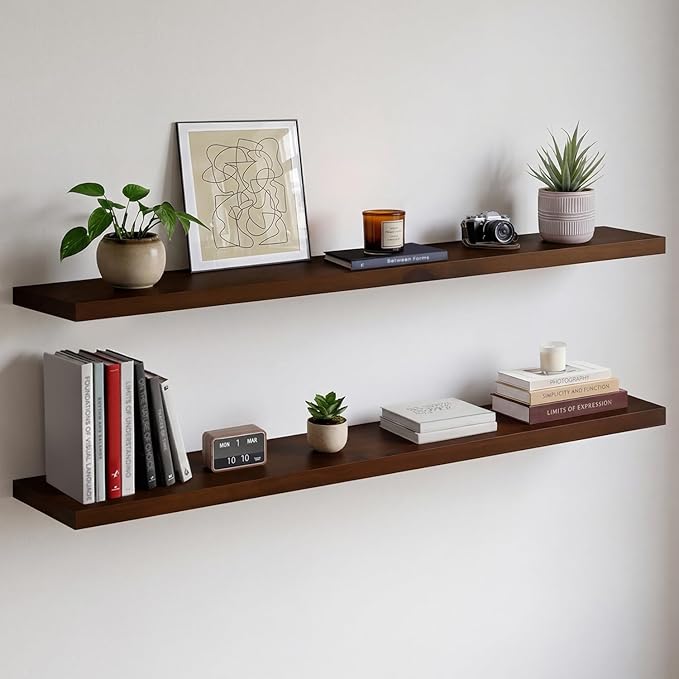 Homeforia Walnut 60 inch Floating Shelf, High End Solid Real Wood 60inch Long Floating Shelf for Wall, Dark Brown Wooden 60in Large Floating Shelves, Heavy Duty Bracket, 60 X 6.5 X 1.75 inch, Set of 2