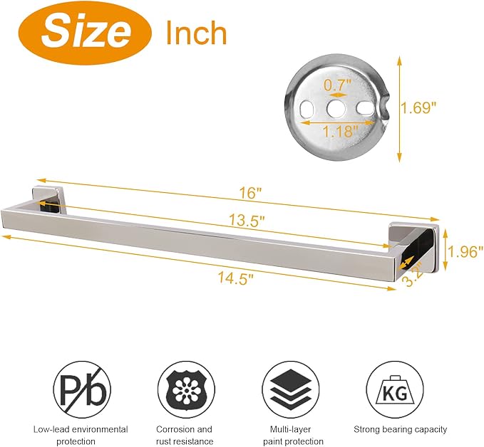 TocTen Bath Towel Rack - Square Base Thicken SUS304 Stainless Steel Towel Bar for Bathroom, Bathroom Accessories Towel Rod Heavy Duty Wall Mounted Towel Holder. (Chrome, 16)