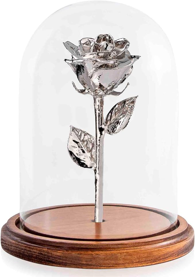 Forever Rose Enchanted Preserved with Real Platinum Rose Lasts Forever | Includes Wood Base & Glass Dome | Platinum Dipped Rose Assembled by Hand in The USA | Romantic Gifts for Women