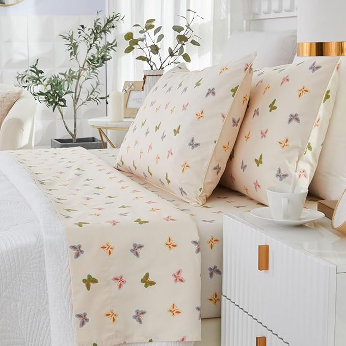 Brandream Sheet Set Butterfly Bed Sheets for King Size Bed, Women Girls Sheets Deep Pockets, Garden Butterfly Farmhouse Style 4 Pieces