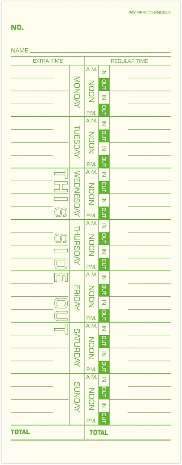 Weekly Time Cards - 1-Sided, 3.5" x 9", Named Days, 100-Count | Green Print for Time Clocks