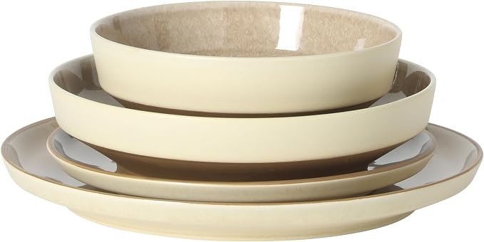 Gibson Elite Octavia Place 16 Piece Stoneware Dinnerware Set, Service for 4, Coupe Modern Plates & Bowls, Reactive Glaze Finish, Taupe, Microwave & Dishwasher Safe