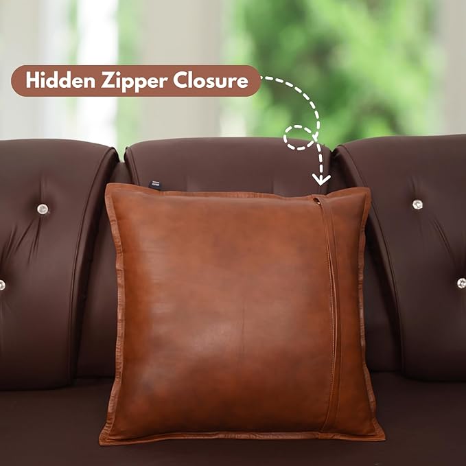D DOLLY LAMB Lambskin Leather Pillow Cover - Sofa Cushion Case - Decorative Throw Covers for Living Room & Bedroom, 20x20 Inches - Dark Tan Box