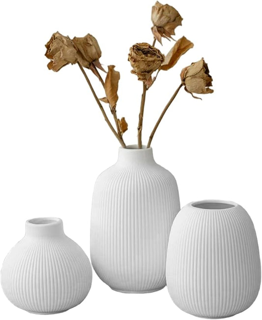 3Pcs Ceramic Vases, Ribbed Vase Set, Minimalist White Home Decor for Farmhouse, Coffee Table, Bookshelf Ceramic Vase