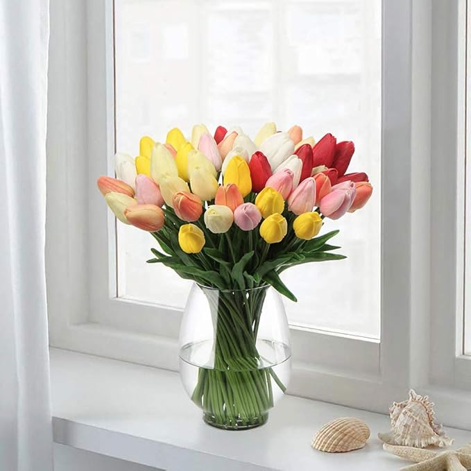 20 Pcs Yellow Tulips Artificial Flowers Real Touch Fake Tulips Fake Flowers for Mother's Day 13.5" Faux Tulips Faux Flowers Bulk Artificial Tulips Flowers for Vase Centerpieces Home Wedding Bouquet