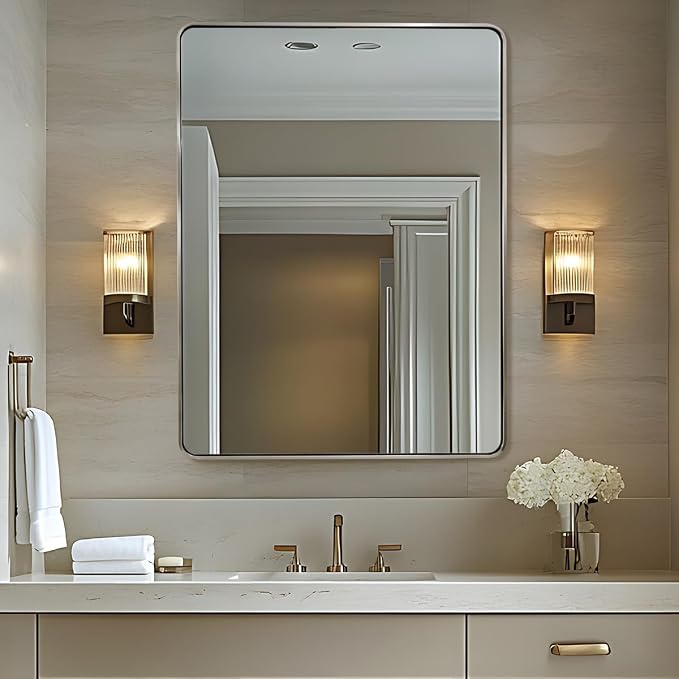ANDY STAR 48x36 Inch Brushed Nickel Bathroom Mirror, Rounded Rectangle Bathroom Vanity Mirrors for Wall, Anti-Rust SUS304, Seamless Tube Metal Frame, 1’’ Deep Wall Mounted Vertically/Horizontal