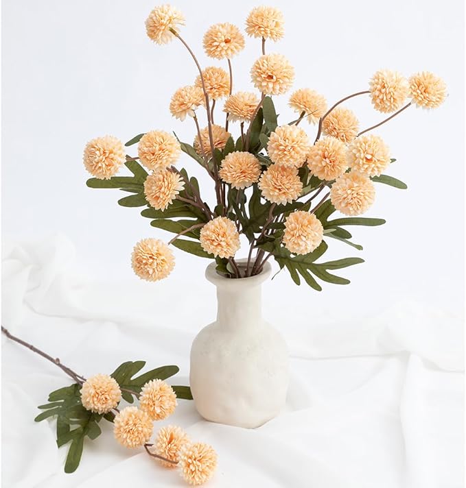 Laelfe Peach Artificial Flowers Pompon Mum, 5Pcs Fake Kiku Flowers Silk Small Mini Chrysanthemum Ball Faux Mum Decor for Filler DIY Bouquet Centerpieces Arrangements Shower (Peach)