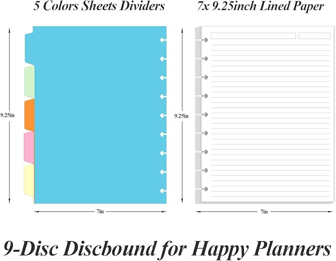9 Disc Lined Paper Refills for Happy Planners - 100 Sheets/200 Pages Classic Size Lined Paper with 5 Sheets Dividers, 7" x 9.25"
