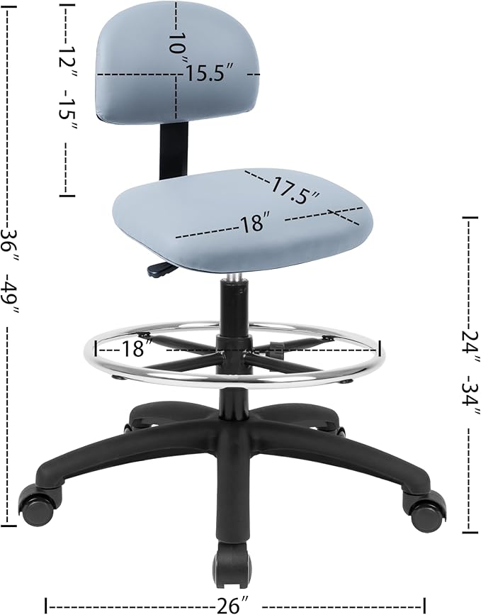Chair Master FSS Series Square seat Tall (24"-34") seat Height Chair. Vinyl-for Office, Garage, Desk, Shop, Computer, Doctor, Medical, Easy to Clean! 18" Footring (Gray, Tall, Self Braking Casters)