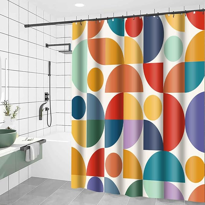 Vintage Colorful Rainbow Mid Century Shower Curtain Modern Abstract Geometric Art Bathroom Curtain Decor 72x78 Inch Washable Fabric Bright Retro Boho Circle Patterned Bath Curtain with 12 Hooks