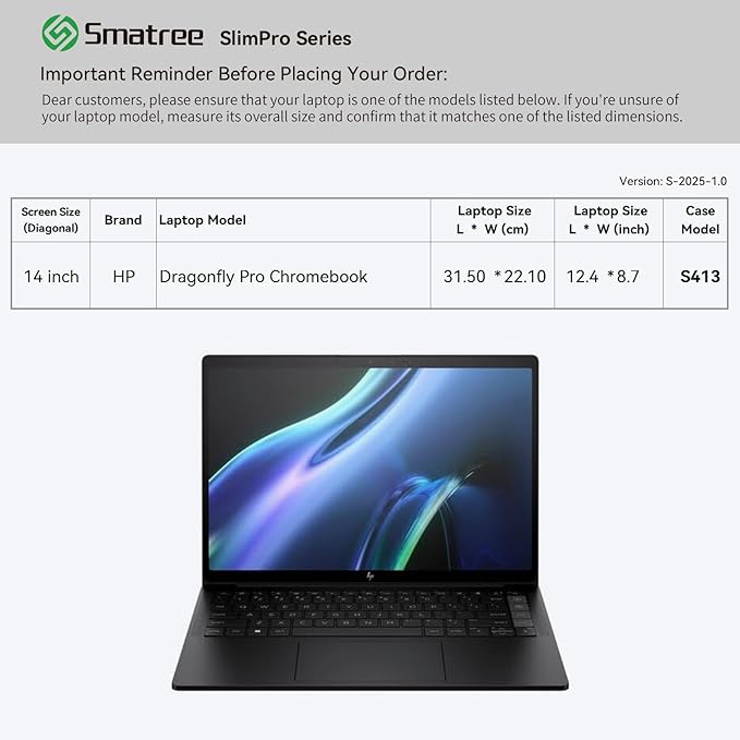 Smatree SlimPro Laptop Sleeve Case for 14 inch HP Dragonfly Pro Chromebook, HP Laptop Case with Swift-Access Accessory Pocket, Patented Super-Corner Design (S413)