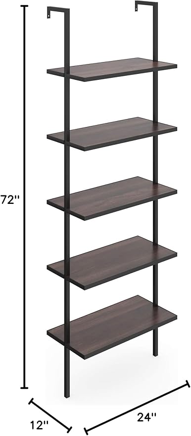 Nathan James Theo 5-Shelf Wood Modern Bookcase, Open Wall Mount Ladder Bookshelf with Industrial Metal Frame, Brown Walnut/Black