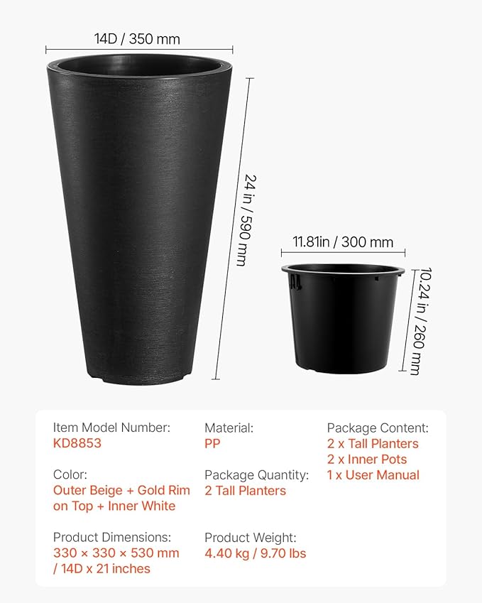 VEVOR Set of 2 Tall Planter for Outdoor Indoor Plants 24inch, Black Round Large Planters for Front Porch, Patio, Tall Taper Flower Tree Plant Pots with Modern Design and Built-in Drainage