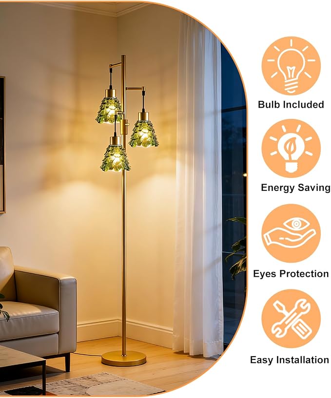 Lightdot 67" Green Glass Floor Lamps for Living Room 3-Light Dimmable Floor Lamp with Glass Shade& Bulbs Included, Mid Century Standing Tall Lamp with 5Lbs Heavy Base for Bedroom/Sofa Beside-Gold