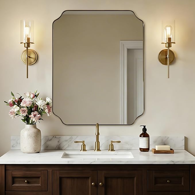 ANDY STAR 28"x36" Brushed Brass Bathroom Mirror, Scalloped Mirror for Bathroom, Champagne Bronze Mirror in Anti-Rust Stainless Steel Thin Frame, Wall Mount Vertical or Horizontal