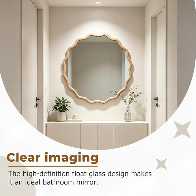 24" Wavy Edge Round Mirror, Solid Wood Framed Wall Decor with Clear Reflection for Bathroom, Bedroom, Living Room & Entryway (Solid Wood)