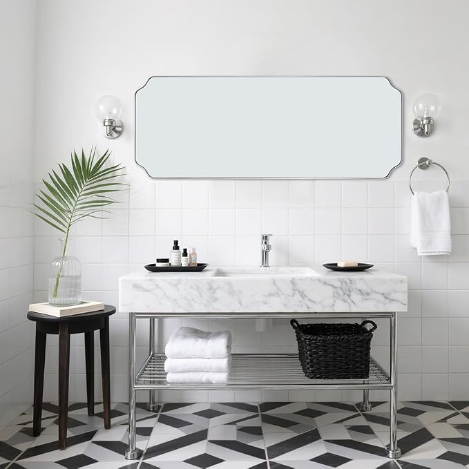 ANDY STAR 18" x 48" Chrome Full Length Mirror, Large Rectangle Bathroom Mirror, Full Body Wall Mirror with Scalloped Corner Decorative for Bedroom, Living Room (Horizontal or Vertical)