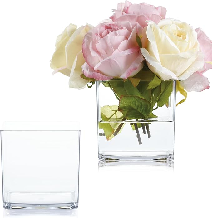 2 Pack Acrylic Cube Vases 4 X 4 Inch, Clear Square Vases, Shatterproof Flower Vase Decorative Centerpiece for Home, Wedding