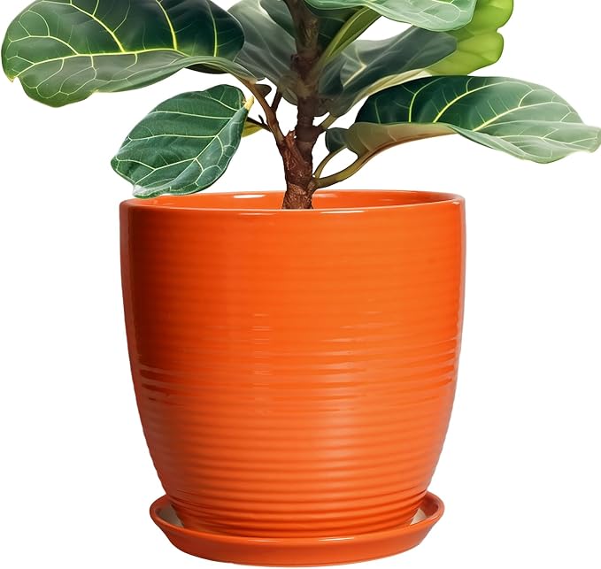 12 Inch Plant Pot, Ceramic Planters for Plants with Drainage and Saucer, Orange
