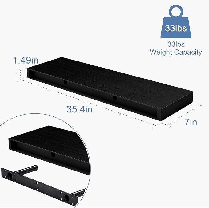 Floating Shelves for Wall, Bathroom Shelves Over Toilet, Wall Shelves & Book Shelf for Room, Hanging Shelf, Modern Wooden Mounted Floating Shelves, 36x7x1.5 in (Black, Set of 2)