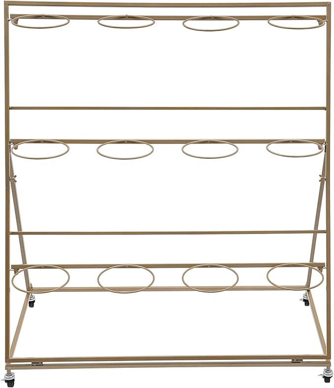 Flower Display Stand with 12 Buckets, 3 Layer Metal Plant Stand Indoor with Wheels, Heavy Duty Moving Flower Cart Flower Rack for Outdoor Patio, Garden, Florist
