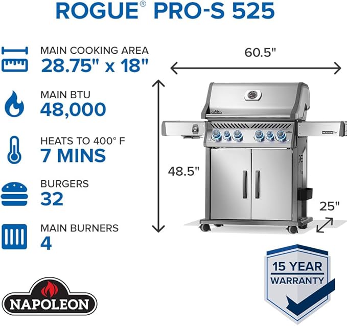 Napoleon Rogue PRO-S 525 Propane Gas Grill with Infrared Side and Rear Burners, Stainless Steel, Durable 6-Burner BBQ