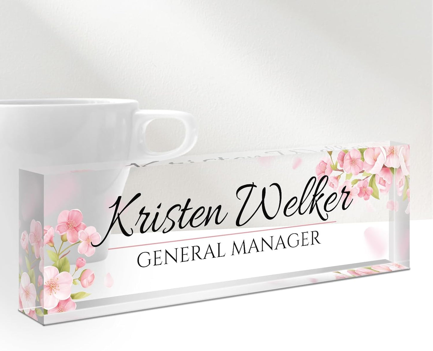 Skiennix Personalized Office Name Plate - Custom Acrylic Desk Sign for Employee Appreciation | Pink Flower Design