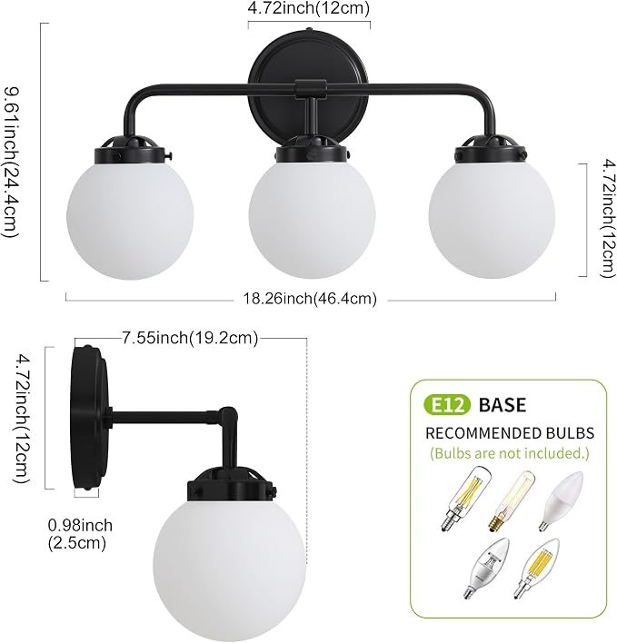 Bathroom Light Fixtures, 18.26'' Black Vanity Light, Modern 3 Lights Wall Sconce with Milky Glass Globe Shade, Mid-Century Bathroom Lighting Fixtures Over Mirror for Bathroom, Living Room
