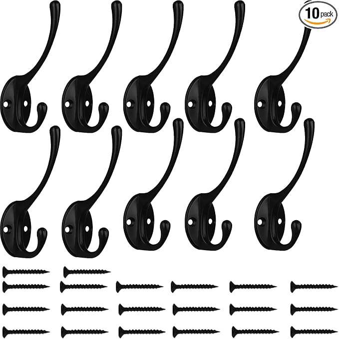 Kruodop 10Pcs Coat Hooks Wall Hooks for Hanging Heavy Duty, Wall Mounted Black Towel Hooks, Metal Single Coat Hanger with Screws Cup Retro for Coats, Handbags, Towels