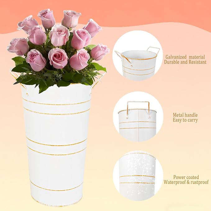 10" Tall Flower Buckets Metal Vase - Pack of 5 Rustic Farmhouse Centerpiece Vases for Table with Handles, Wedding Home Table Decor, Farmhouse White Flower Bar Bucket Holder