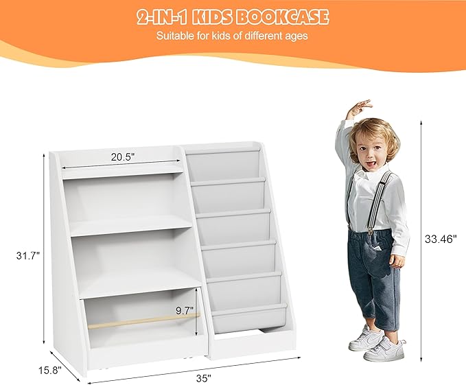 NACHES Kids Bookshelf,Toddler Bookcase Toy Bin with 1 Drawer 3 Sling Pockets –Children Bookshelf with Storage for Bedroom,Nursery or Playroom FSC Wood,Trapezoid 35" W, White (1 Movable Drawer)
