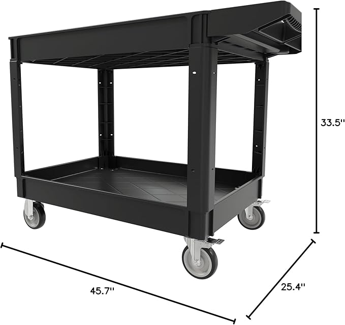 2 Tier Plastic Rolling Cart Utility Cart on Wheels, Heavy Duty Tool Carts with Ergonomic Storage Handle and Deep Shelfs, Work Cart Service Carts for Garage, Warehouse, Workshop, Office, Cleaning