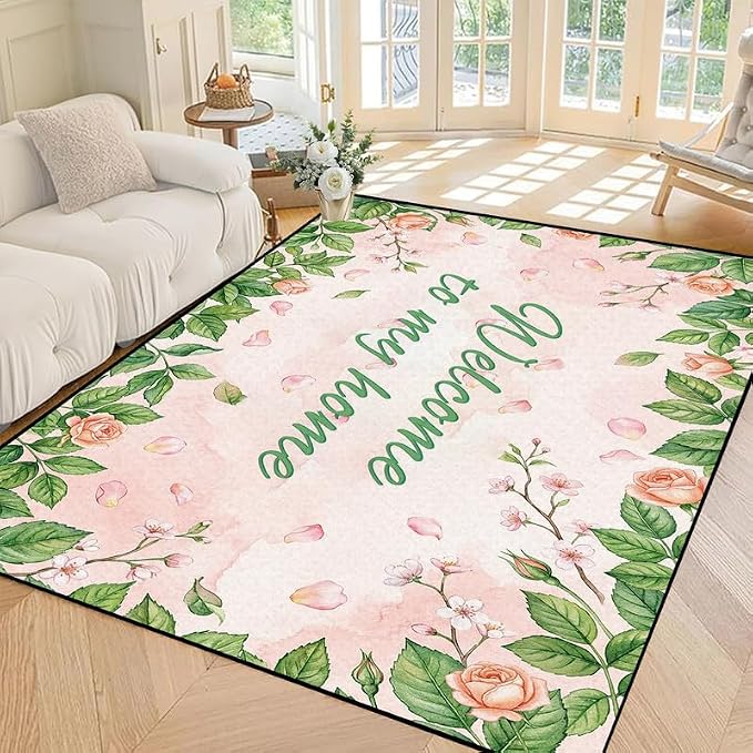 Welcome Rug Floral Area Rug for Bedroom Living Room Nursery Playroom Classroom Home Decor Pink Rose Green Leaf Carpet Non-Slip Washable Floor Mat,4'x6'