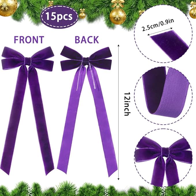 JOICEE 15Pcs Velvet Bows Christmas Tree Decorations, 5 x 12 Inch Wreath Bows Rustic Crafts Gift Ribbon Bow for Xmas Tree Topper Garland Fireplace Mantel Staircase Wedding Home Decor(Purple)