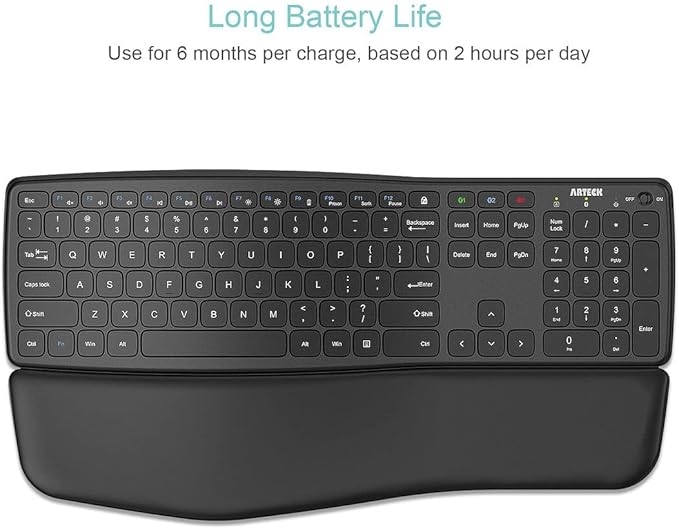 Arteck Bluetooth Keyboard Universal Wave Comfortable Keypad with Palm Rest Multi-Device Full Size Wireless Keyboard for Windows iOS iPad OS Android, Computer Desktop Laptop Surface Tablet Smartphone