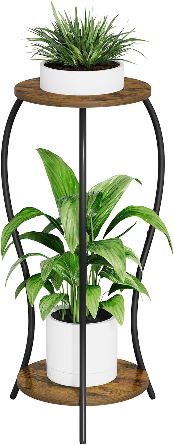 Plant Stand Indoor, 2 Tier Round Tall Plant Stand, Flower Pot Stand, Plant Shelf Rack, Corner Plant Stand for Planter Garden Balcony Patio Living Room, Retro