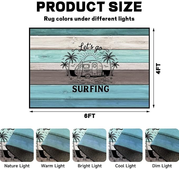 Surfing Area Rug Beach Van Palm Tree Carpet Retro Wood Grain Striped Rugs Non Slip Washable Floor Mat for Bedroom Living Room Nursery Playroom Classroom Home Decor,4'x6'