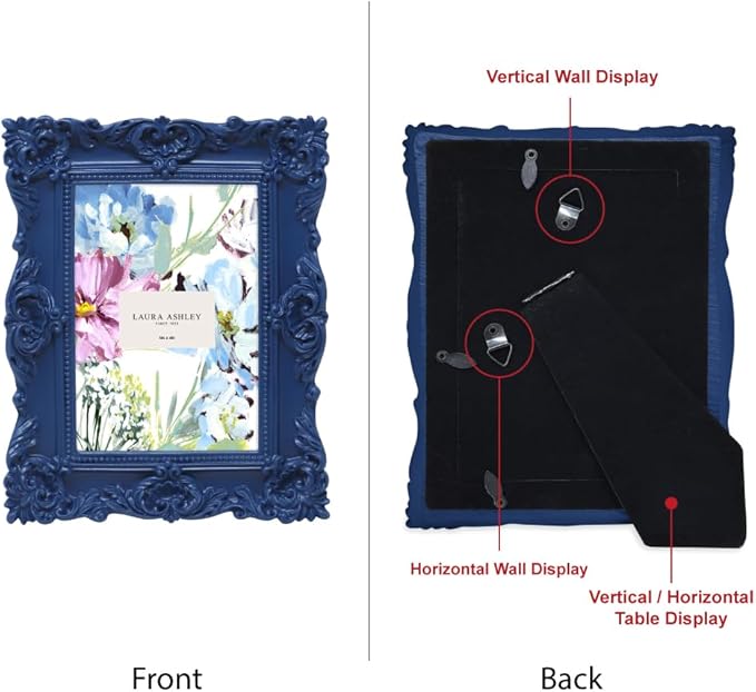 Laura Ashley 4x6 Navy Ornate Textured Hand-Crafted Resin Picture Frame with Easel & Hook for Tabletop & Wall Display, Decorative Floral Design Home Décor, Photo Gallery, Art, More (4x6, Navy)